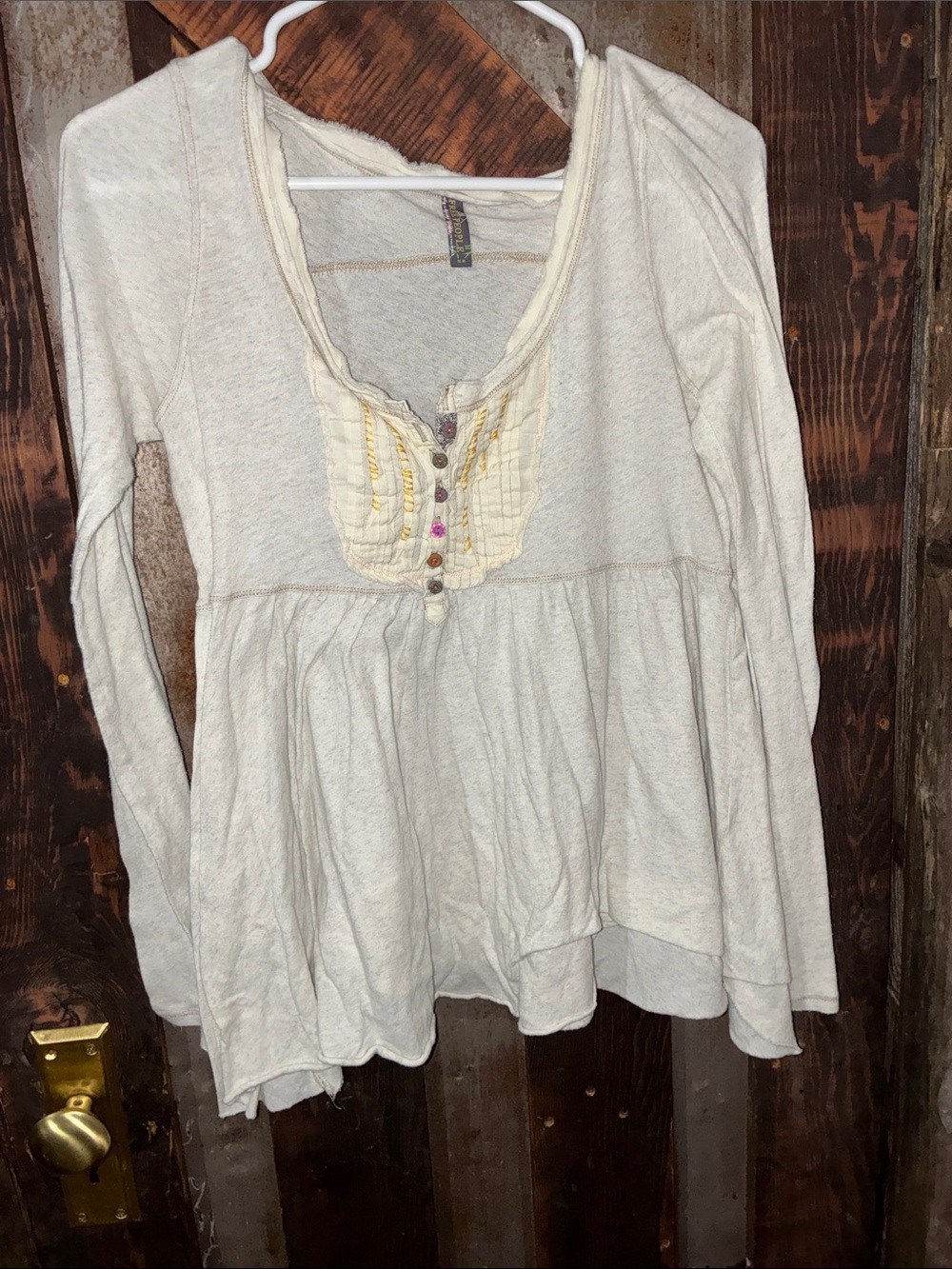 Free People Cream Long-Sleeve Peplum Henley Top